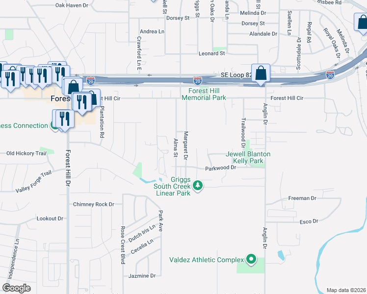 map of restaurants, bars, coffee shops, grocery stores, and more near 6820 Margaret Drive in Forest Hill