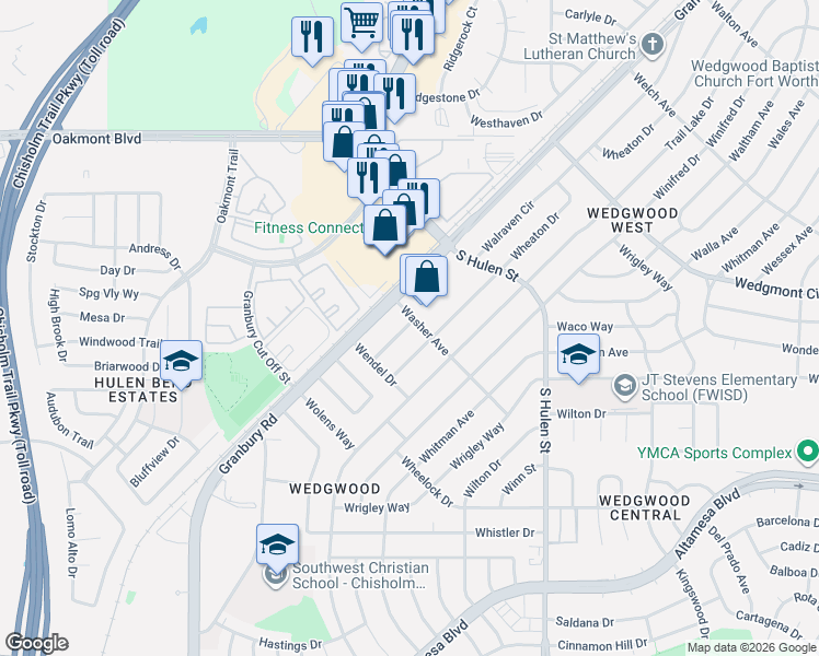 map of restaurants, bars, coffee shops, grocery stores, and more near 6301 Walraven Circle in Fort Worth