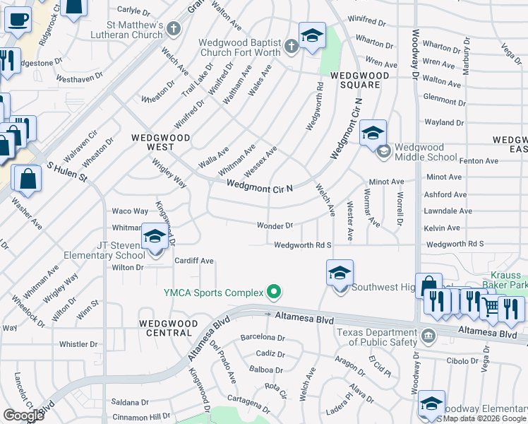 map of restaurants, bars, coffee shops, grocery stores, and more near 6001 Wimbleton Way in Fort Worth