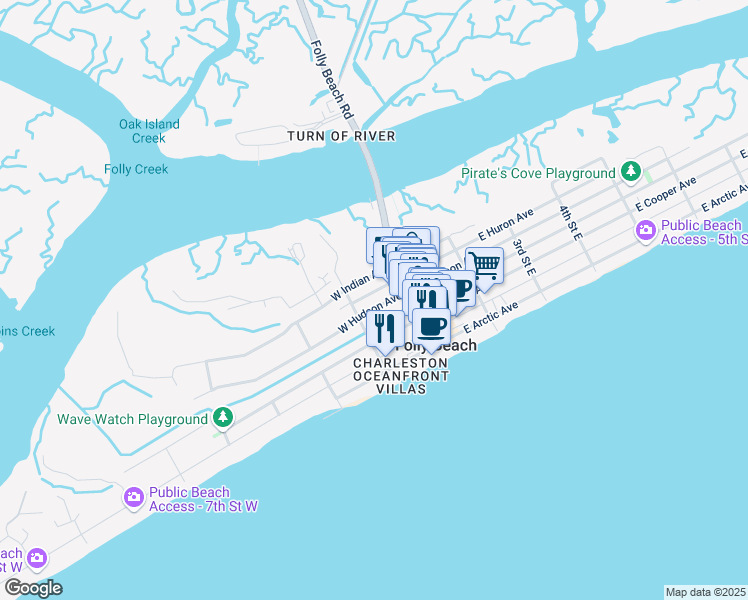 map of restaurants, bars, coffee shops, grocery stores, and more near 105 West Hudson Avenue in Folly Beach