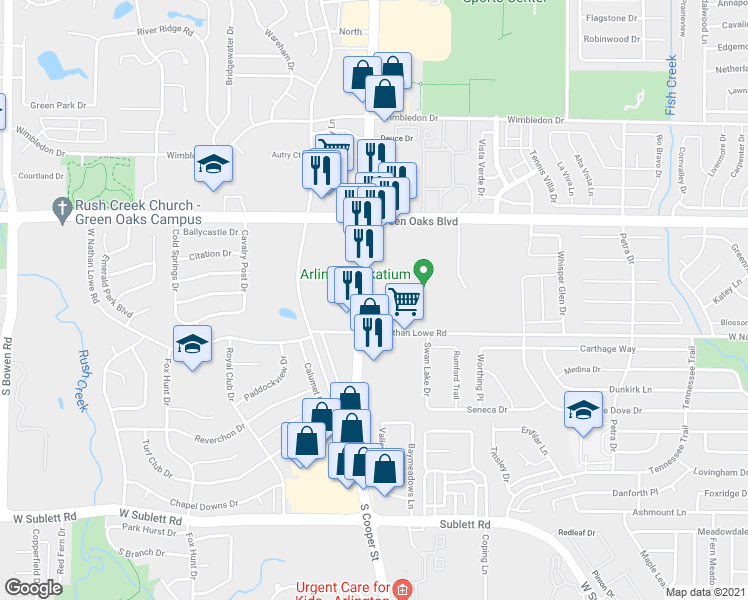 map of restaurants, bars, coffee shops, grocery stores, and more near 5521 South Cooper Street in Arlington