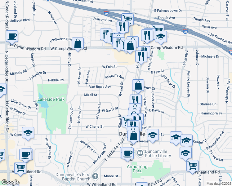 map of restaurants, bars, coffee shops, grocery stores, and more near 207 Mizell Street in Duncanville