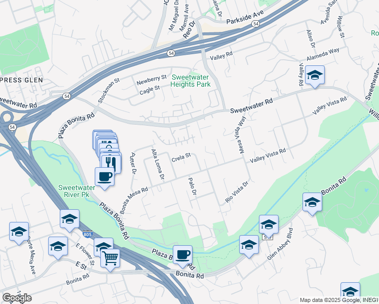 map of restaurants, bars, coffee shops, grocery stores, and more near 3185 Crela Street in Bonita