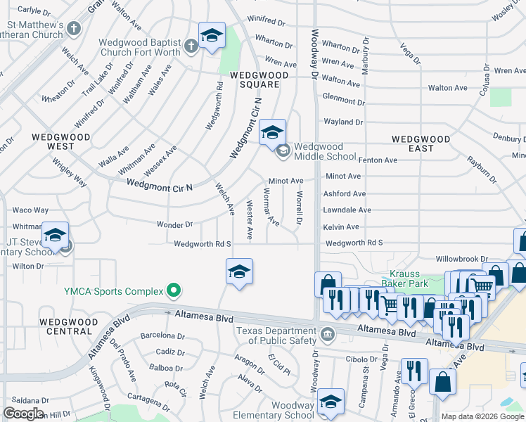 map of restaurants, bars, coffee shops, grocery stores, and more near 6024 Wormar Avenue in Fort Worth