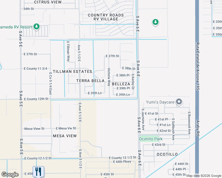 map of restaurants, bars, coffee shops, grocery stores, and more near 3950 South J Edward Drive in Yuma