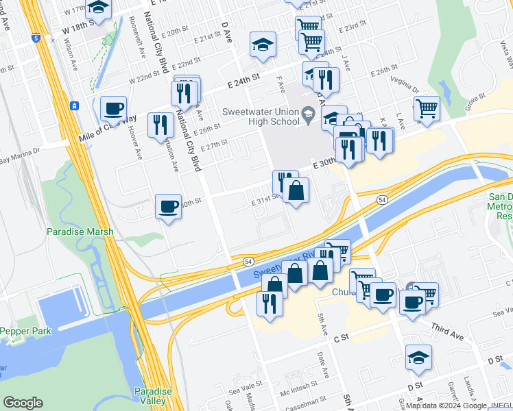 map of restaurants, bars, coffee shops, grocery stores, and more near 254 East 31st Street in National City