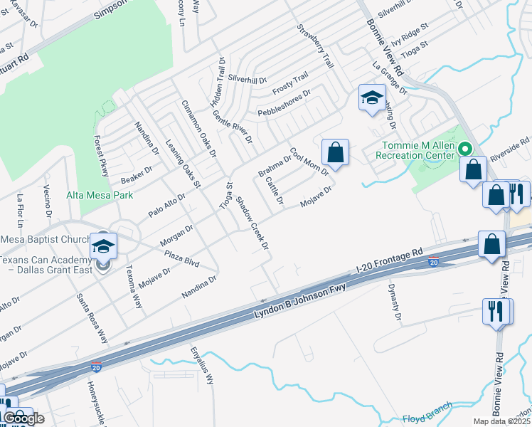 map of restaurants, bars, coffee shops, grocery stores, and more near 6661 Happy Trails Drive in Dallas