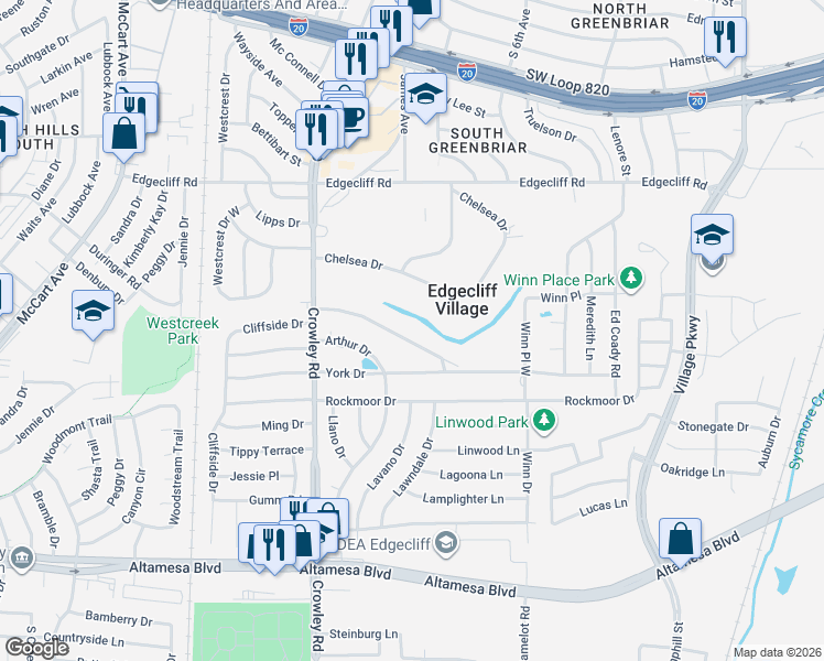 map of restaurants, bars, coffee shops, grocery stores, and more near 20 Cliffside Drive in Fort Worth