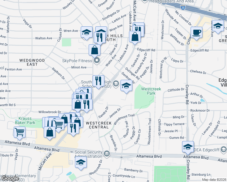map of restaurants, bars, coffee shops, grocery stores, and more near 6101 Springleaf Circle in Fort Worth