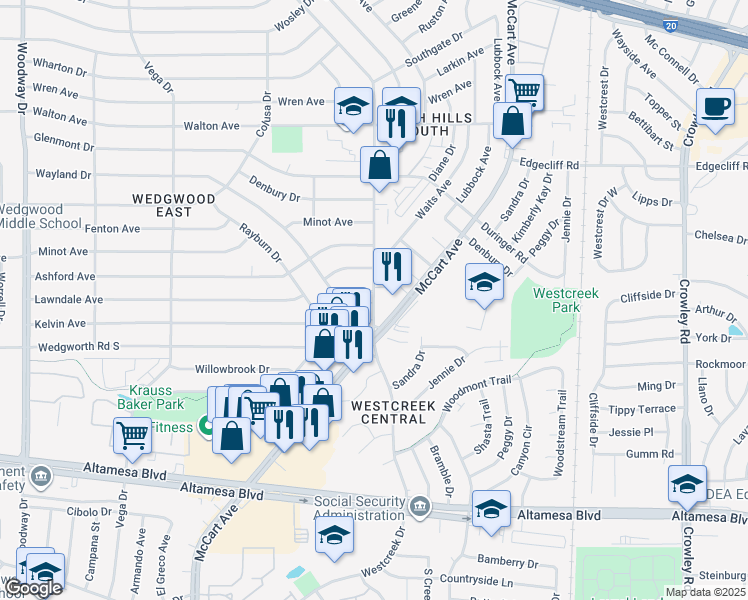 map of restaurants, bars, coffee shops, grocery stores, and more near 6100 Westcreek Drive in Fort Worth
