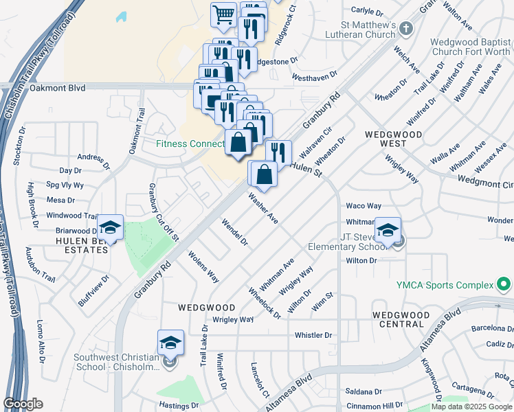 map of restaurants, bars, coffee shops, grocery stores, and more near 6301 Walraven Circle in Fort Worth