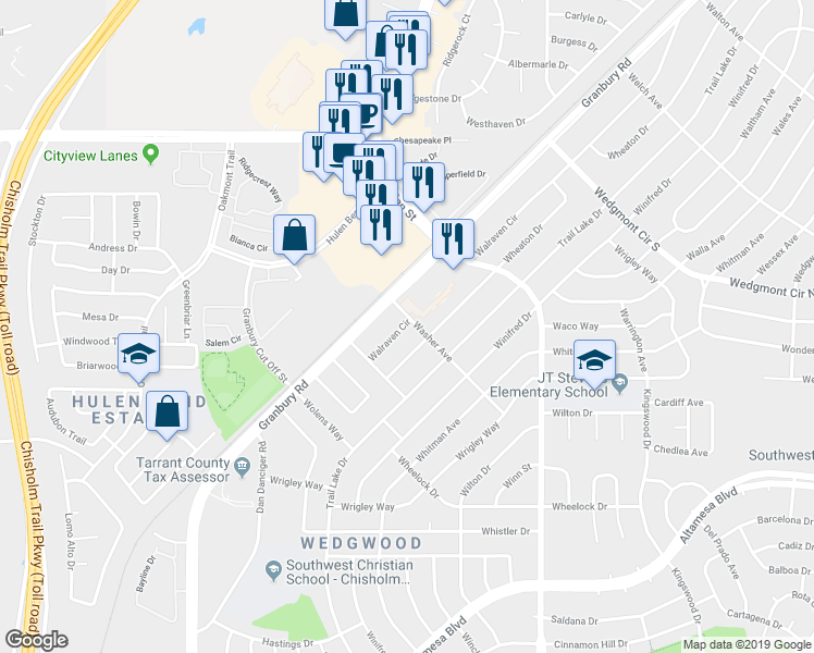 map of restaurants, bars, coffee shops, grocery stores, and more near 6301 Walraven Circle in Fort Worth