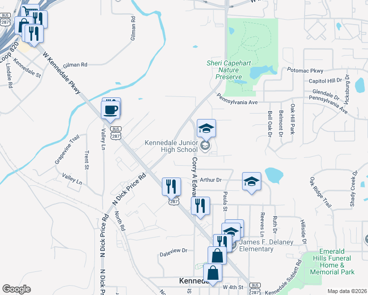map of restaurants, bars, coffee shops, grocery stores, and more near 929 Corry A Edwards Drive in Kennedale