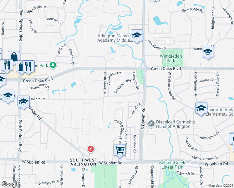 map of restaurants, bars, coffee shops, grocery stores, and more near 2625 Collard Road in Arlington