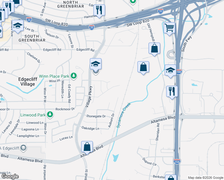 map of restaurants, bars, coffee shops, grocery stores, and more near 2 Auburn Drive in Fort Worth