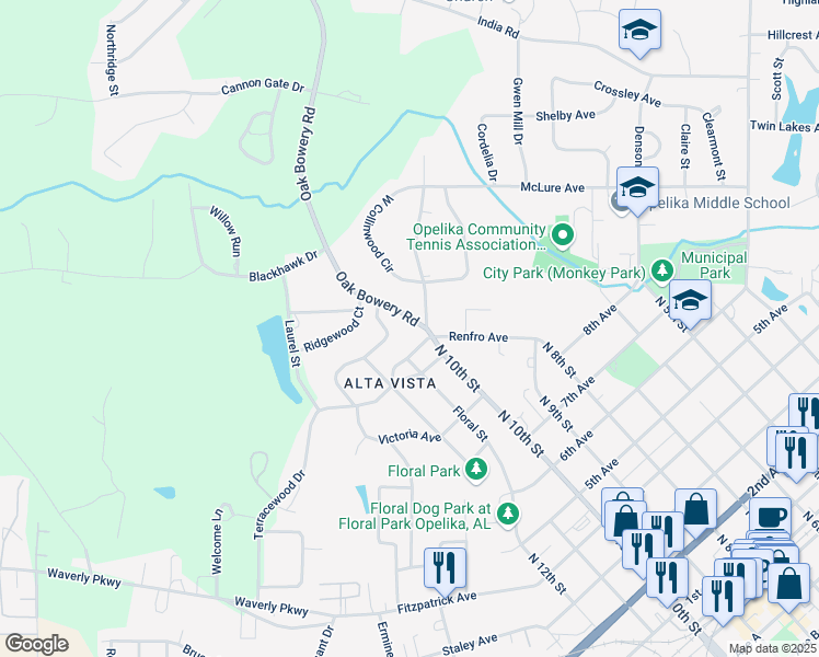 map of restaurants, bars, coffee shops, grocery stores, and more near 901-999 Lakeshore Avenue in Opelika