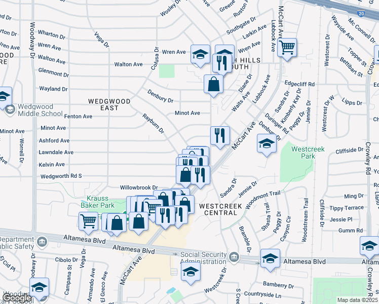 map of restaurants, bars, coffee shops, grocery stores, and more near 3301 Wayland Drive in Fort Worth