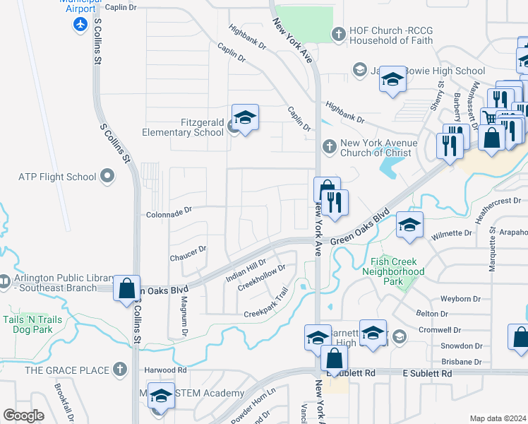 map of restaurants, bars, coffee shops, grocery stores, and more near 5504 Sedalia Drive in Arlington