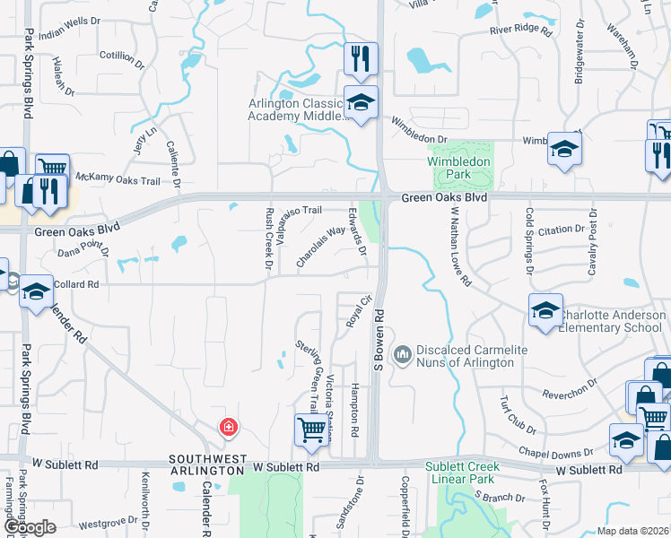 map of restaurants, bars, coffee shops, grocery stores, and more near 2611 Collard Road in Arlington
