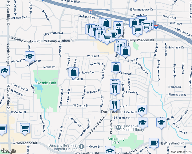 map of restaurants, bars, coffee shops, grocery stores, and more near 207 Mizell Street in Duncanville