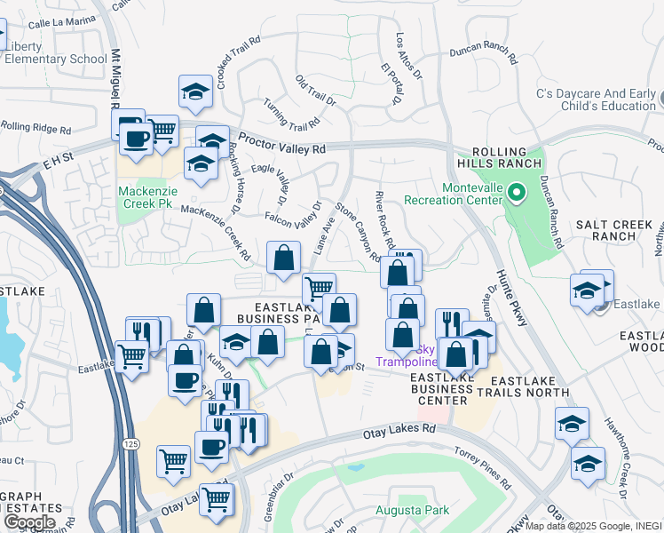 map of restaurants, bars, coffee shops, grocery stores, and more near 2512 Oak Knoll Court in Chula Vista