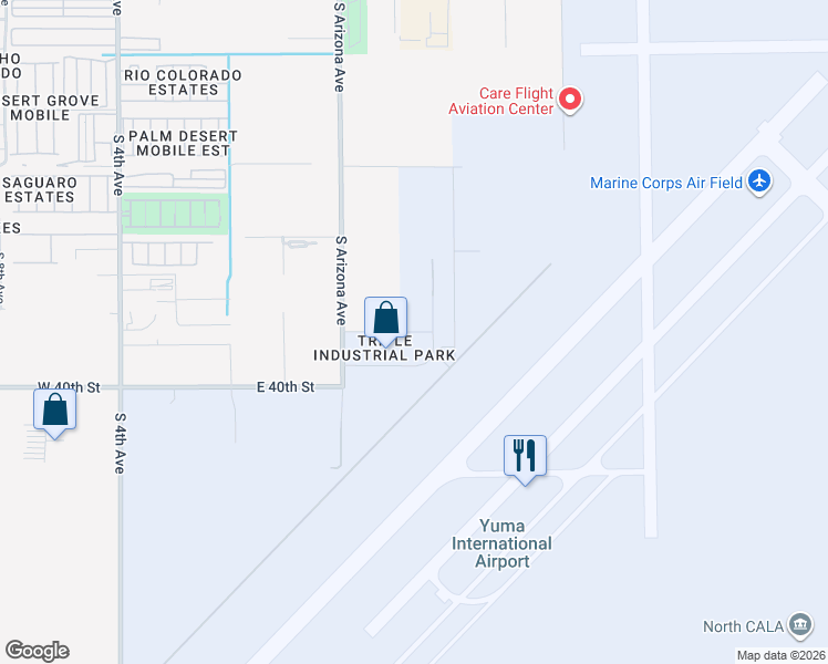 map of restaurants, bars, coffee shops, grocery stores, and more near East 39th Street in Yuma
