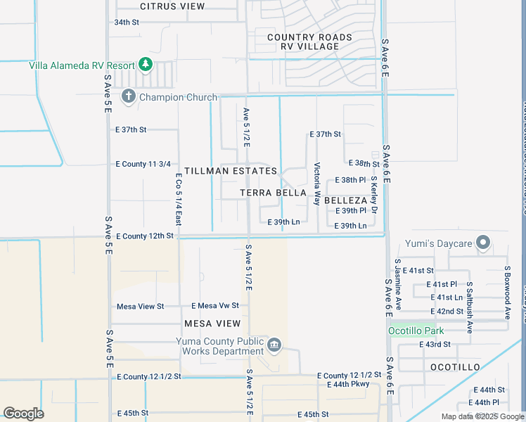 map of restaurants, bars, coffee shops, grocery stores, and more near East 39th Lane in Yuma