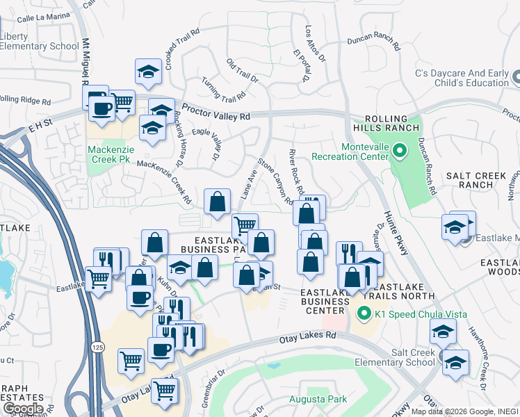 map of restaurants, bars, coffee shops, grocery stores, and more near 2520 Oak Knoll Court in Chula Vista
