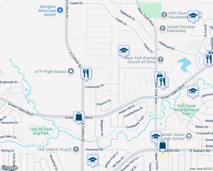 map of restaurants, bars, coffee shops, grocery stores, and more near 1416 Colonnade Drive in Arlington