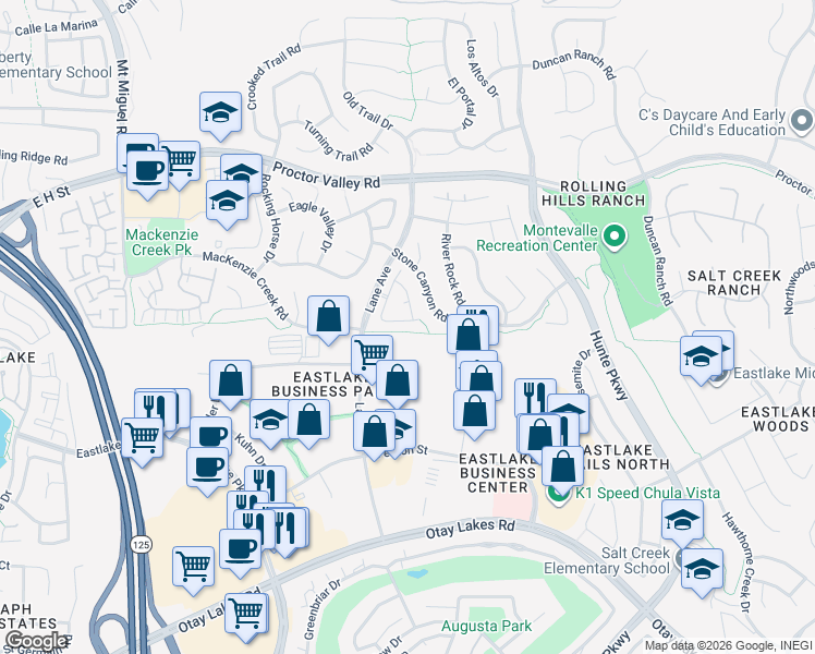 map of restaurants, bars, coffee shops, grocery stores, and more near 2532 Oak Knoll Court in Chula Vista