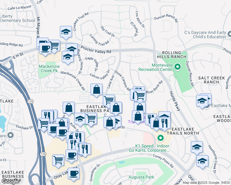 map of restaurants, bars, coffee shops, grocery stores, and more near 2520 Oak Knoll Court in Chula Vista