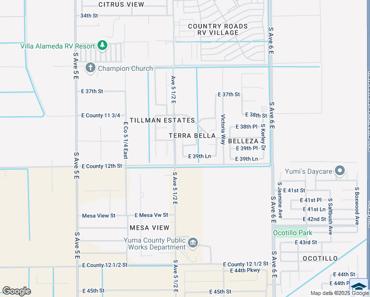 map of restaurants, bars, coffee shops, grocery stores, and more near East 39th Lane in Yuma