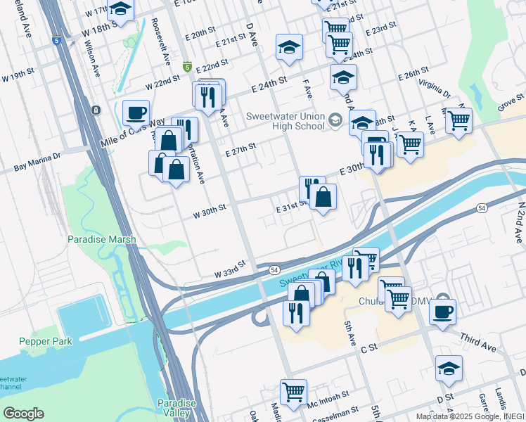 map of restaurants, bars, coffee shops, grocery stores, and more near 120 East 31st Street in National City