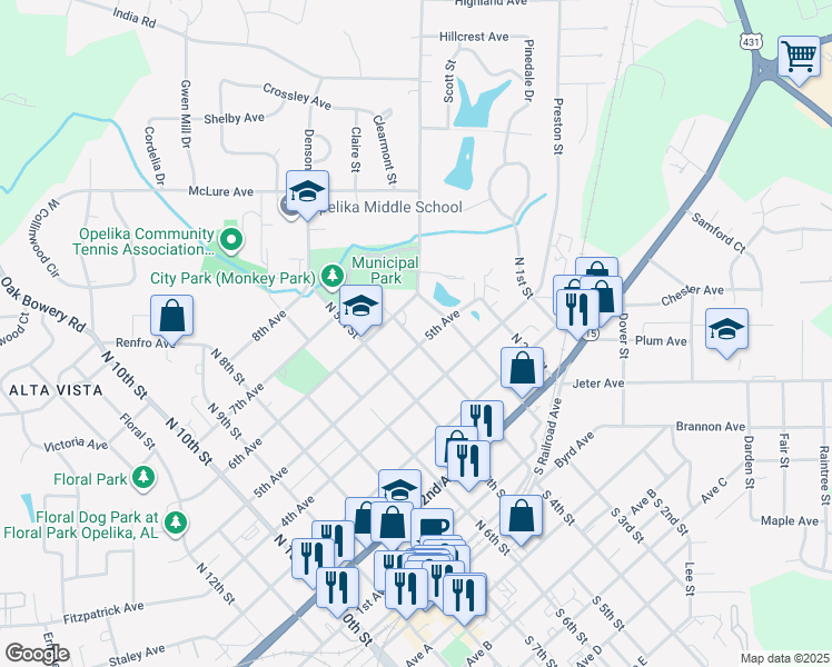 map of restaurants, bars, coffee shops, grocery stores, and more near 501-599 North 4th Street in Opelika