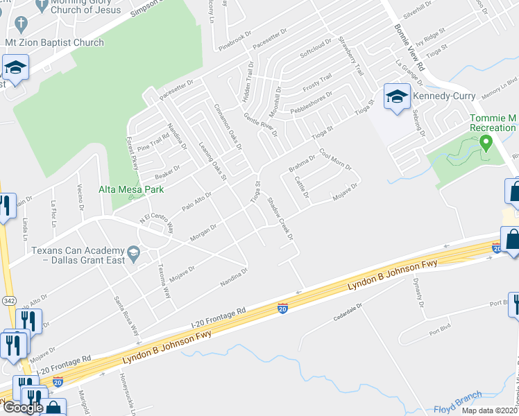map of restaurants, bars, coffee shops, grocery stores, and more near 6630 Free Range Drive in Dallas