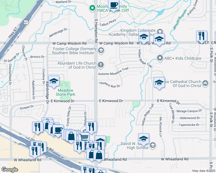map of restaurants, bars, coffee shops, grocery stores, and more near 2227 Hunters Run Drive in Dallas
