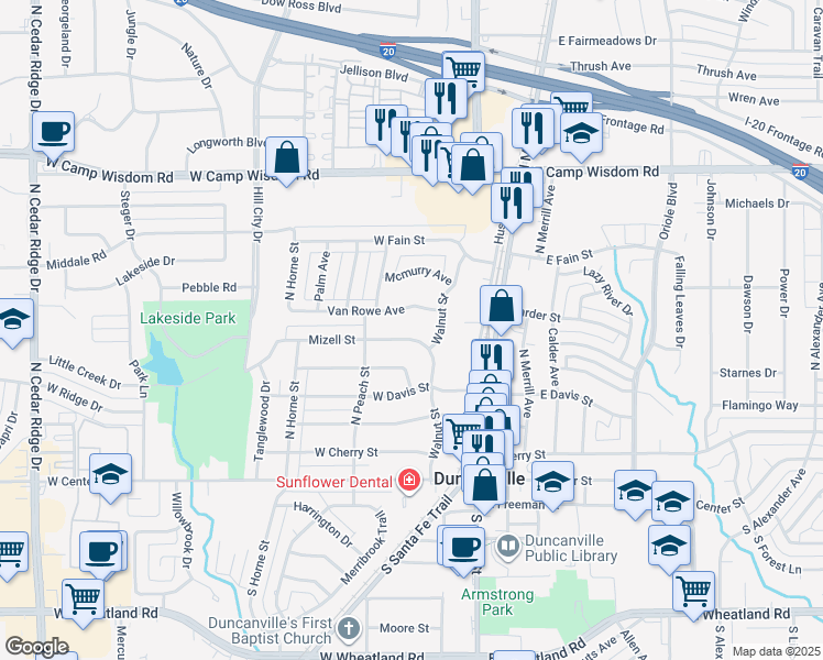 map of restaurants, bars, coffee shops, grocery stores, and more near 207 Mizell Street in Duncanville