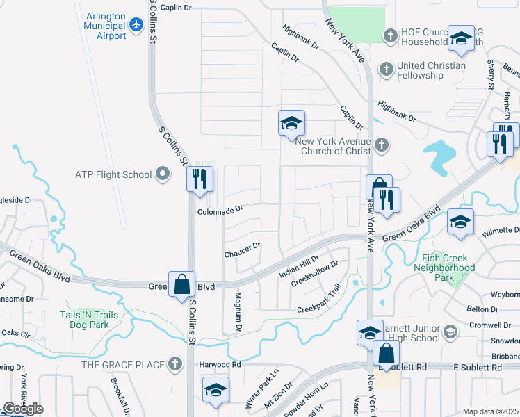 map of restaurants, bars, coffee shops, grocery stores, and more near 1416 Colonnade Drive in Arlington