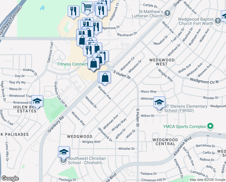 map of restaurants, bars, coffee shops, grocery stores, and more near 6245 Wheaton Drive in Fort Worth