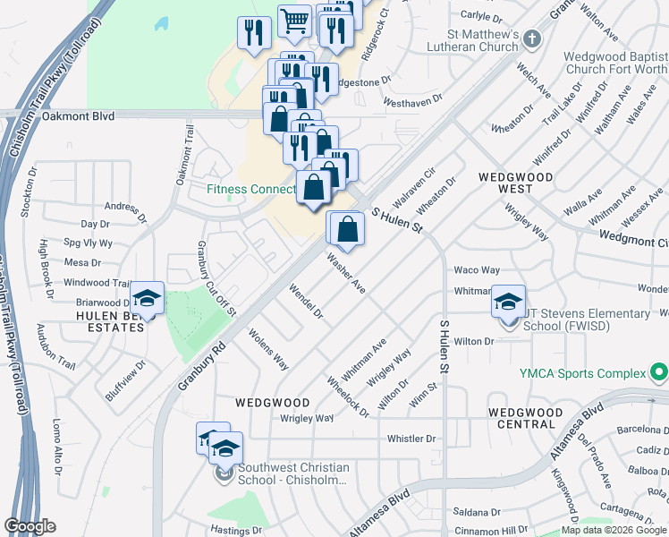 map of restaurants, bars, coffee shops, grocery stores, and more near 6301 Walraven Circle in Fort Worth