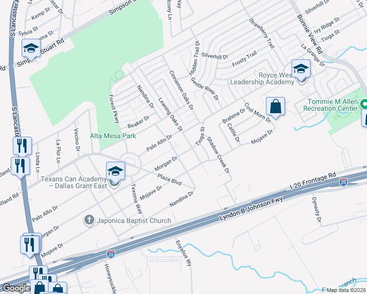 map of restaurants, bars, coffee shops, grocery stores, and more near 3205 Morgan Drive in Dallas