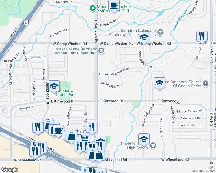 map of restaurants, bars, coffee shops, grocery stores, and more near 2227 Hunters Run Drive in Dallas