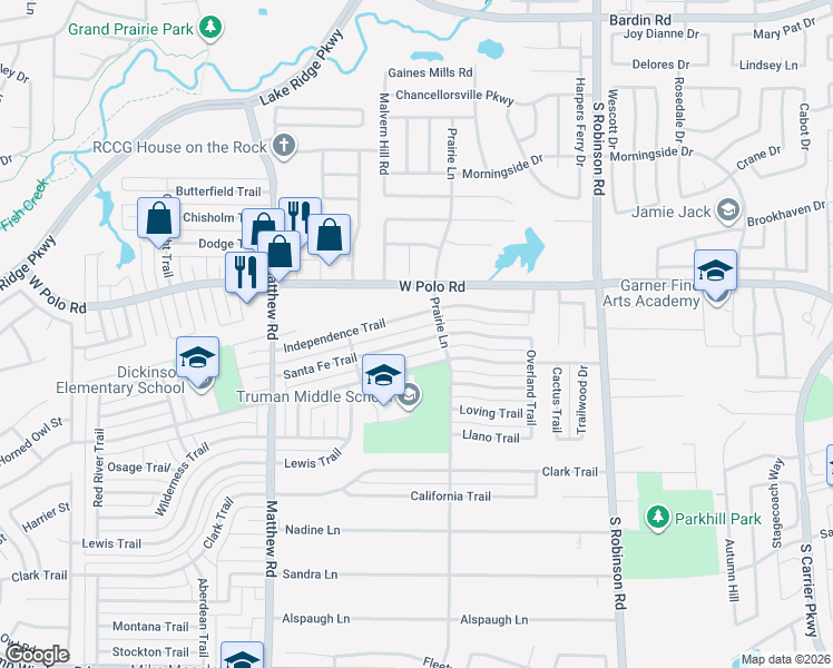 map of restaurants, bars, coffee shops, grocery stores, and more near 1502 Santa Fe Trail in Grand Prairie