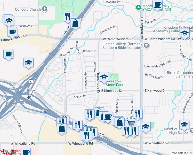 map of restaurants, bars, coffee shops, grocery stores, and more near 3104 Cowboy Drive in Dallas