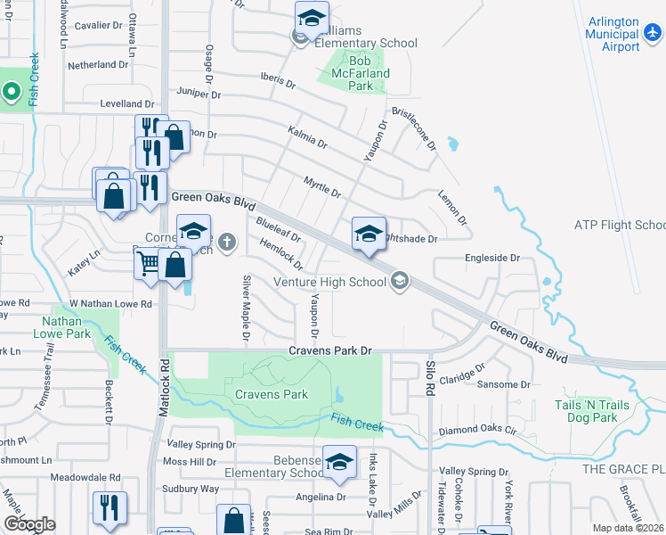 map of restaurants, bars, coffee shops, grocery stores, and more near 507 Hemlock Drive in Arlington