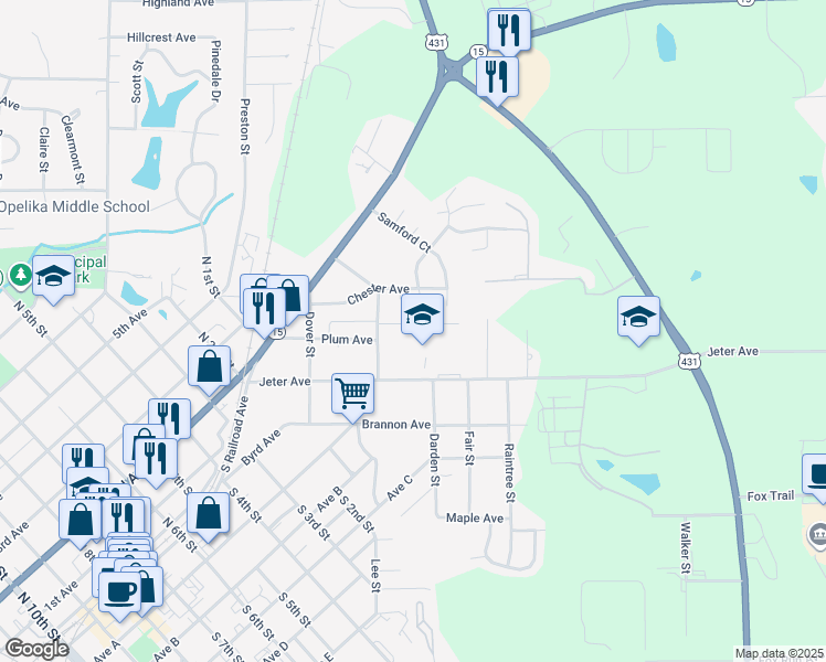 map of restaurants, bars, coffee shops, grocery stores, and more near 215 Vero Court in Opelika