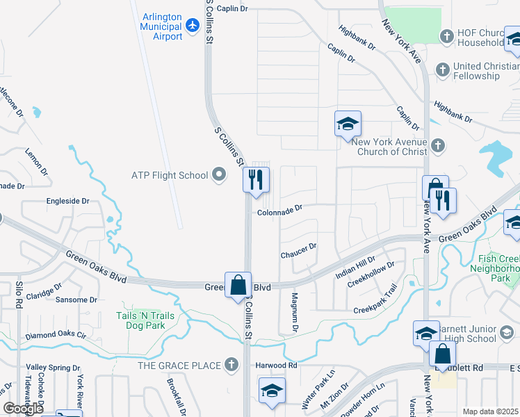 map of restaurants, bars, coffee shops, grocery stores, and more near 5409 South Collins Street in Arlington