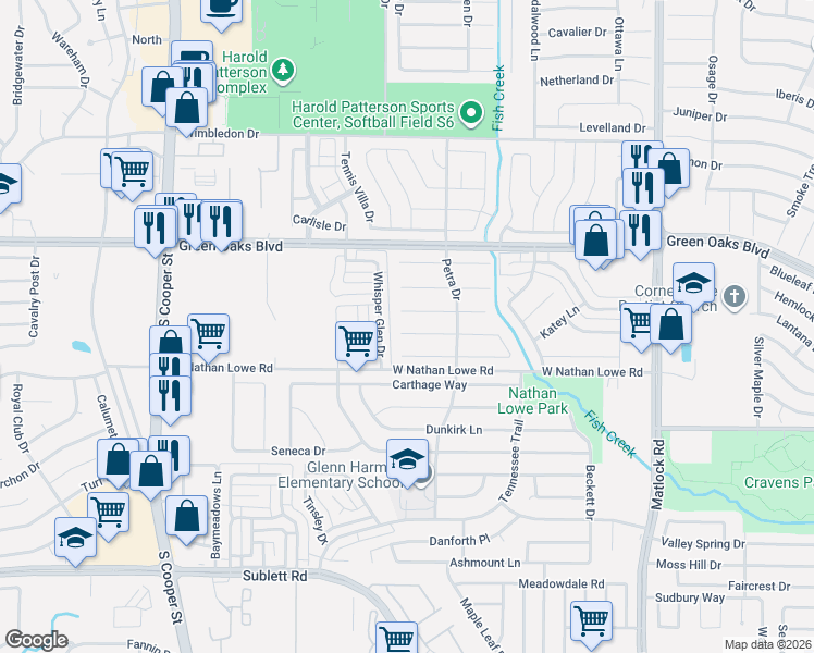map of restaurants, bars, coffee shops, grocery stores, and more near 961 Grasswood Court in Arlington