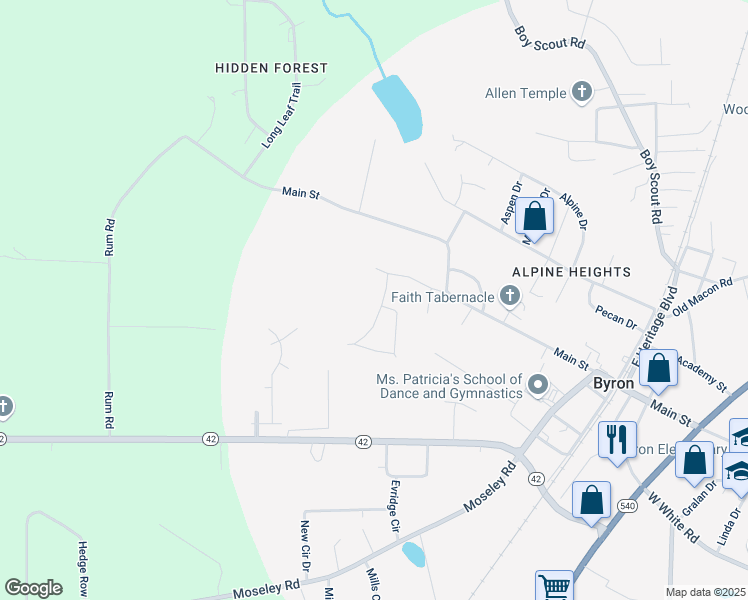 map of restaurants, bars, coffee shops, grocery stores, and more near 202 Hunter's Chase in Byron