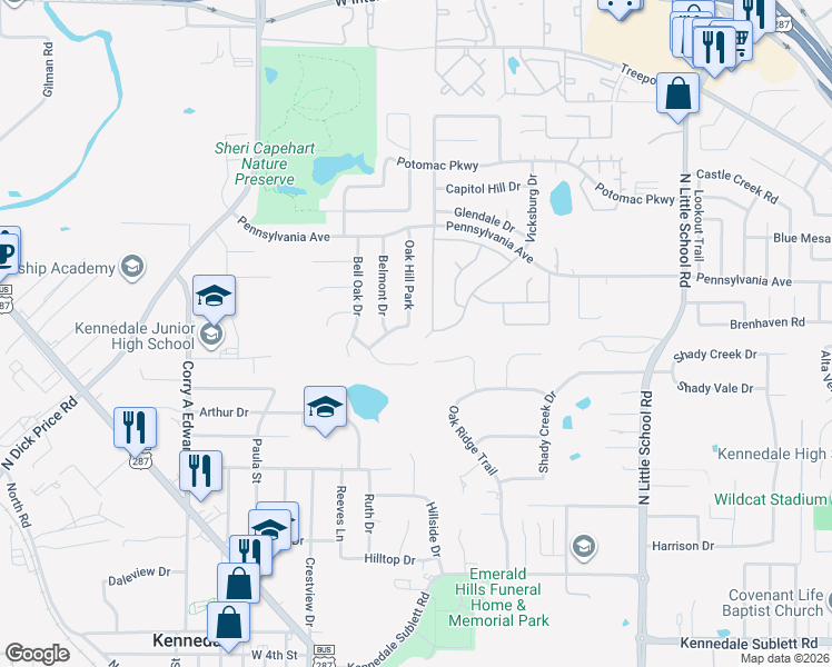 map of restaurants, bars, coffee shops, grocery stores, and more near 913 Oak Hill Park in Kennedale
